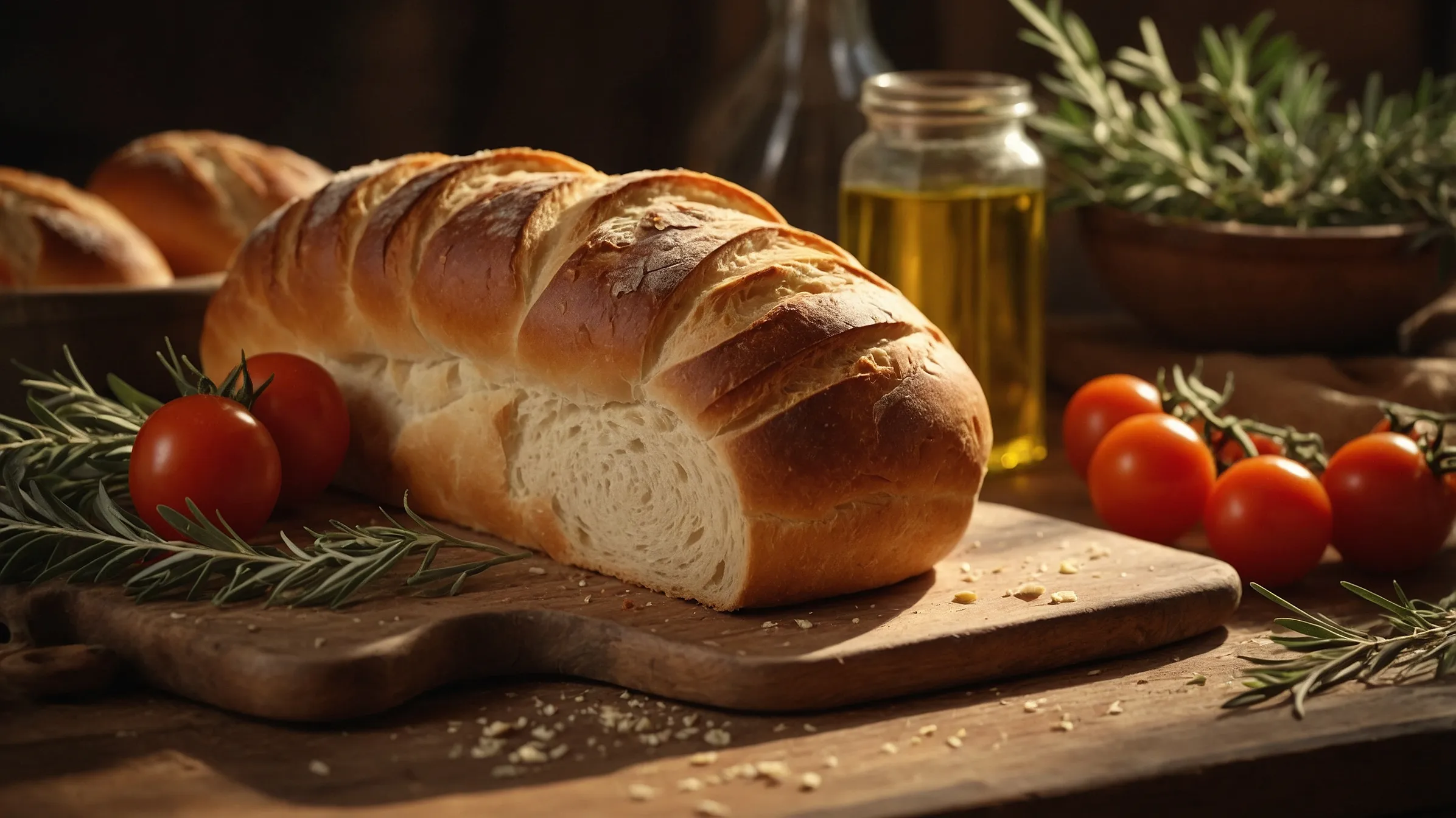 Fresh loaf of panini bread surrounded by olive oil and herbs