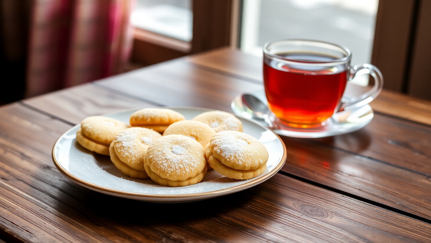 Freshly baked Madeline cookies dusted with powdered sugar next to a cup of tea. Madeline cookies recipe using cream