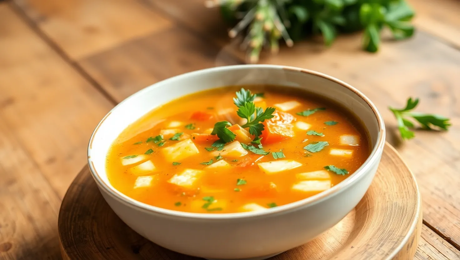 A bowl of homemade gluten free soup with fresh herbs