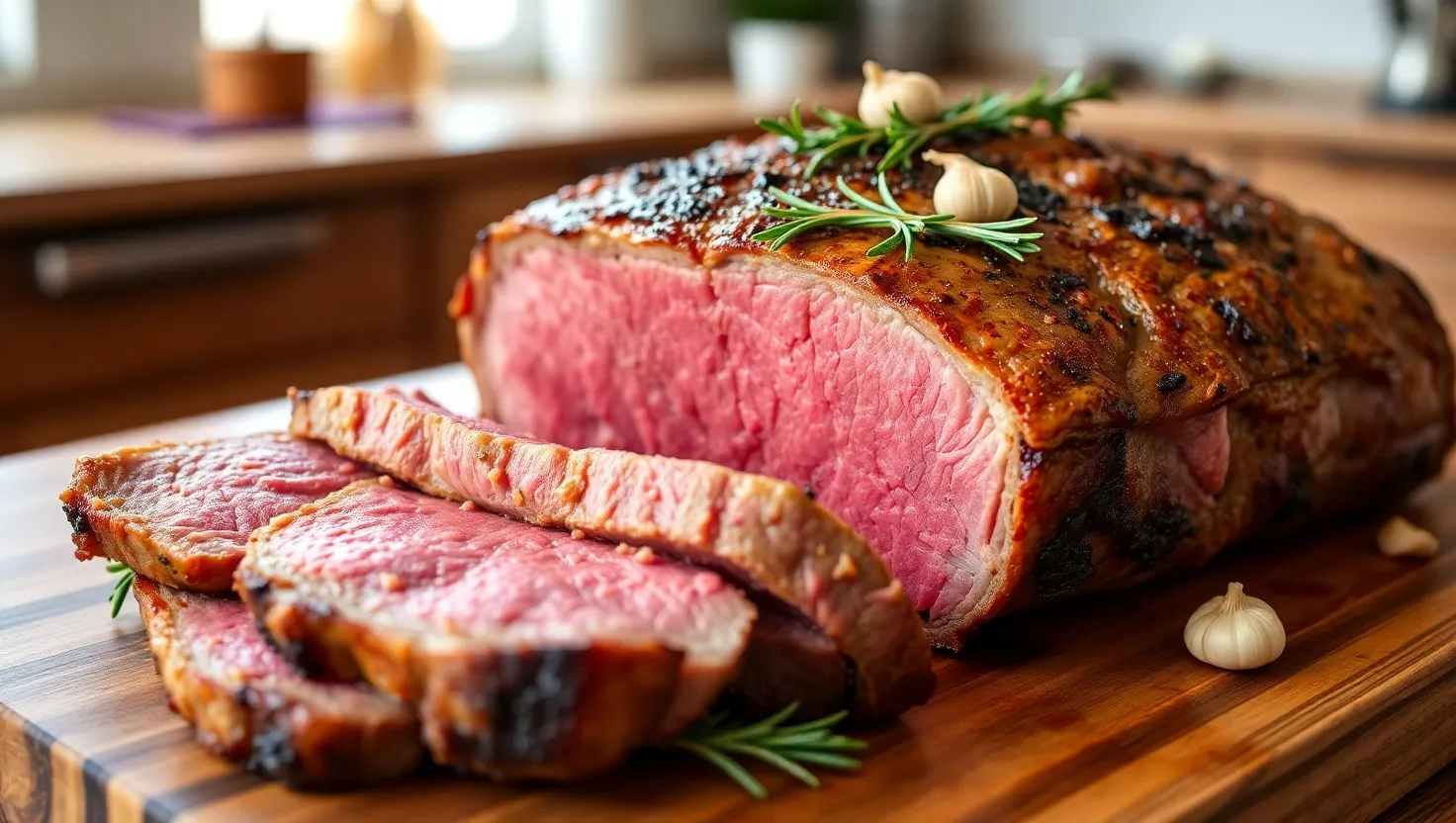 Perfectly cooked ribeye roast sliced for serving. ribeye roast recipe