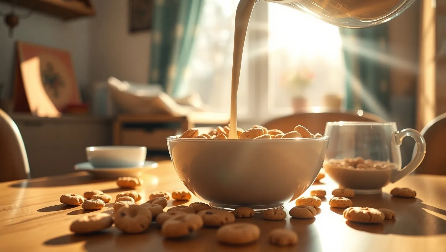 A bowl of cookie cereal with milk being poured in, surrounded by mini cookies.
