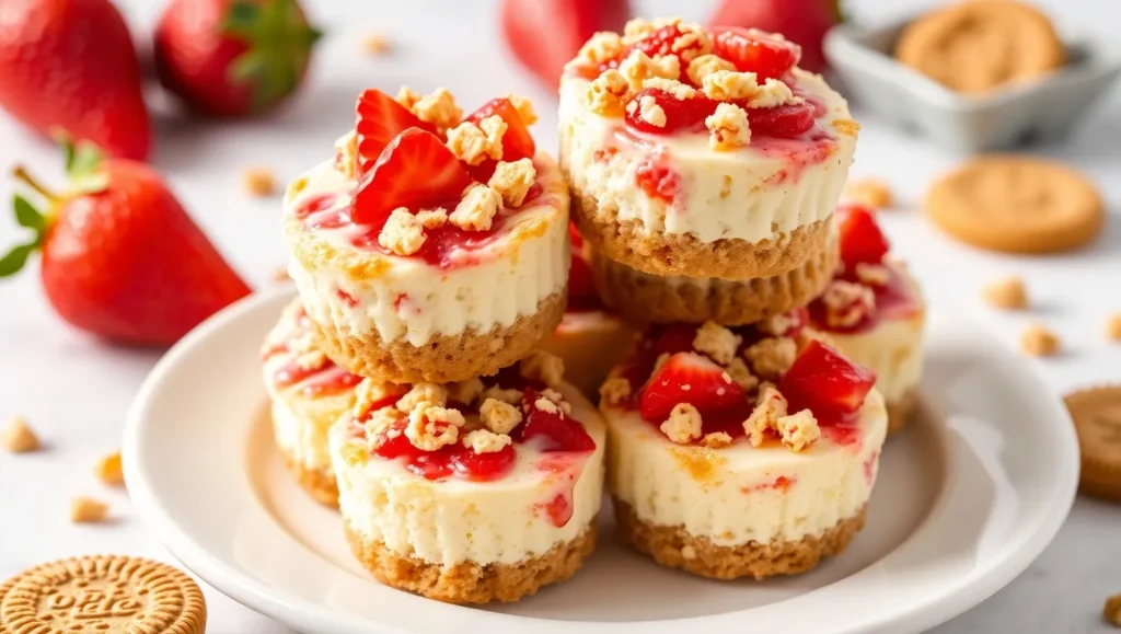 Strawberry Crunch Cheesecake Bites on a white plate