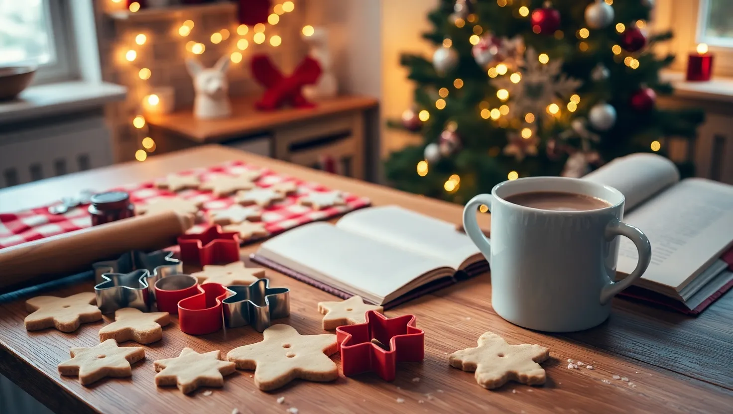 Festive Christmas cookie cutters and dough on a wooden countertop