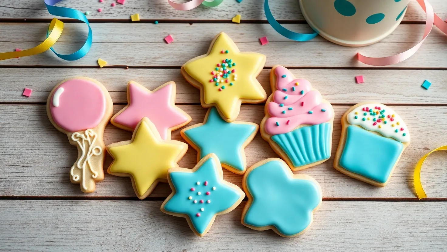 Decorated birthday cookies with sprinkles and icing on a rustic table