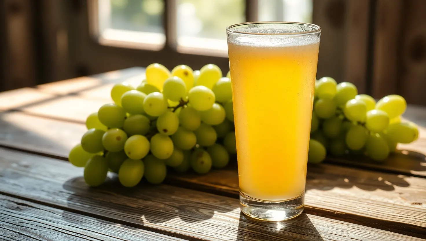 Fresh glass of white grape juice with green grapes