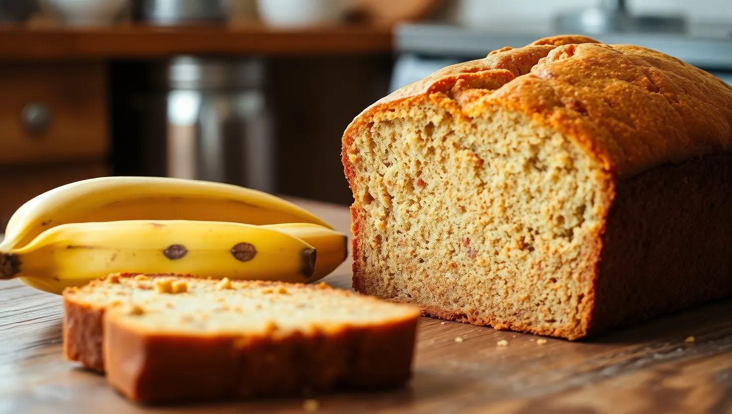 Freshly baked banana bread loaf with golden crust on a wooden table. Banana bread recipe 2 bananas