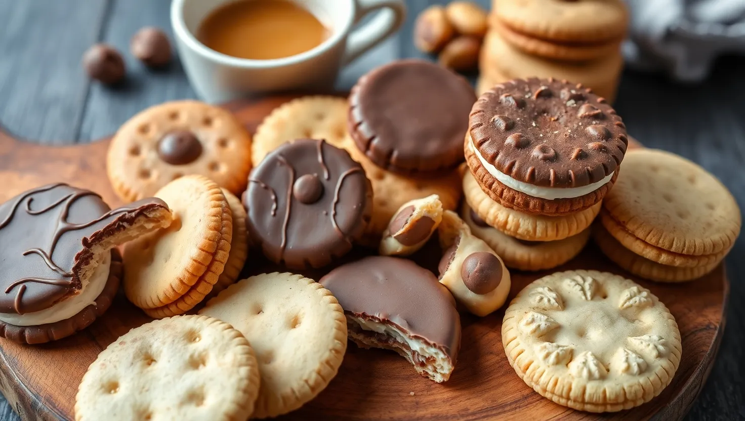 A selection of wafer cookies on a rustic wooden board