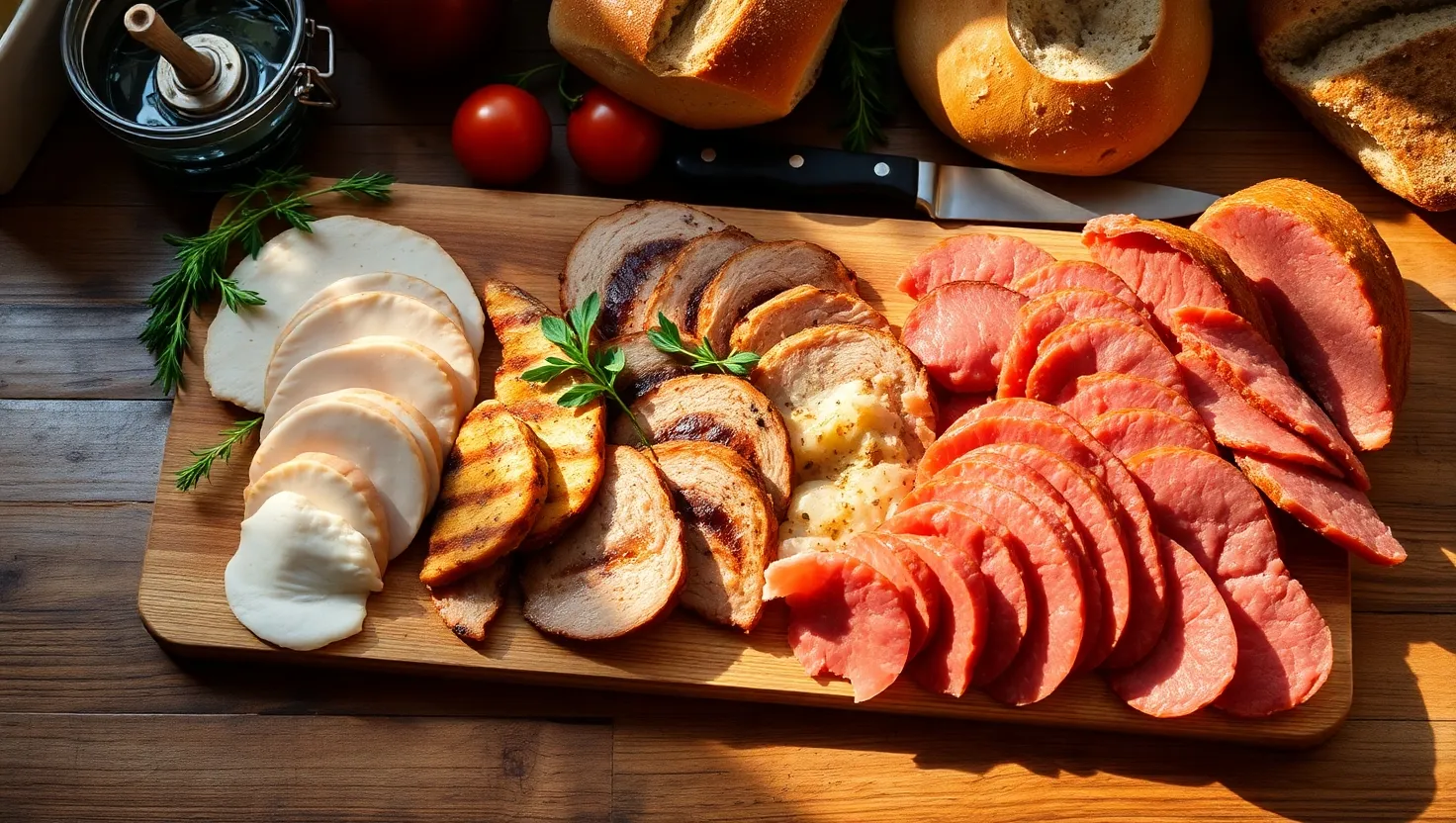 Freshly sliced unprocessed lunch meats on a wooden board. What lunch meat is not processed?