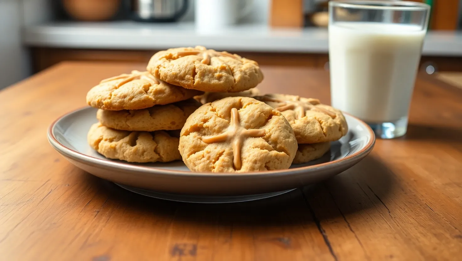 A plate of 4 ingredient peanut butter cookies with a glass of milk
