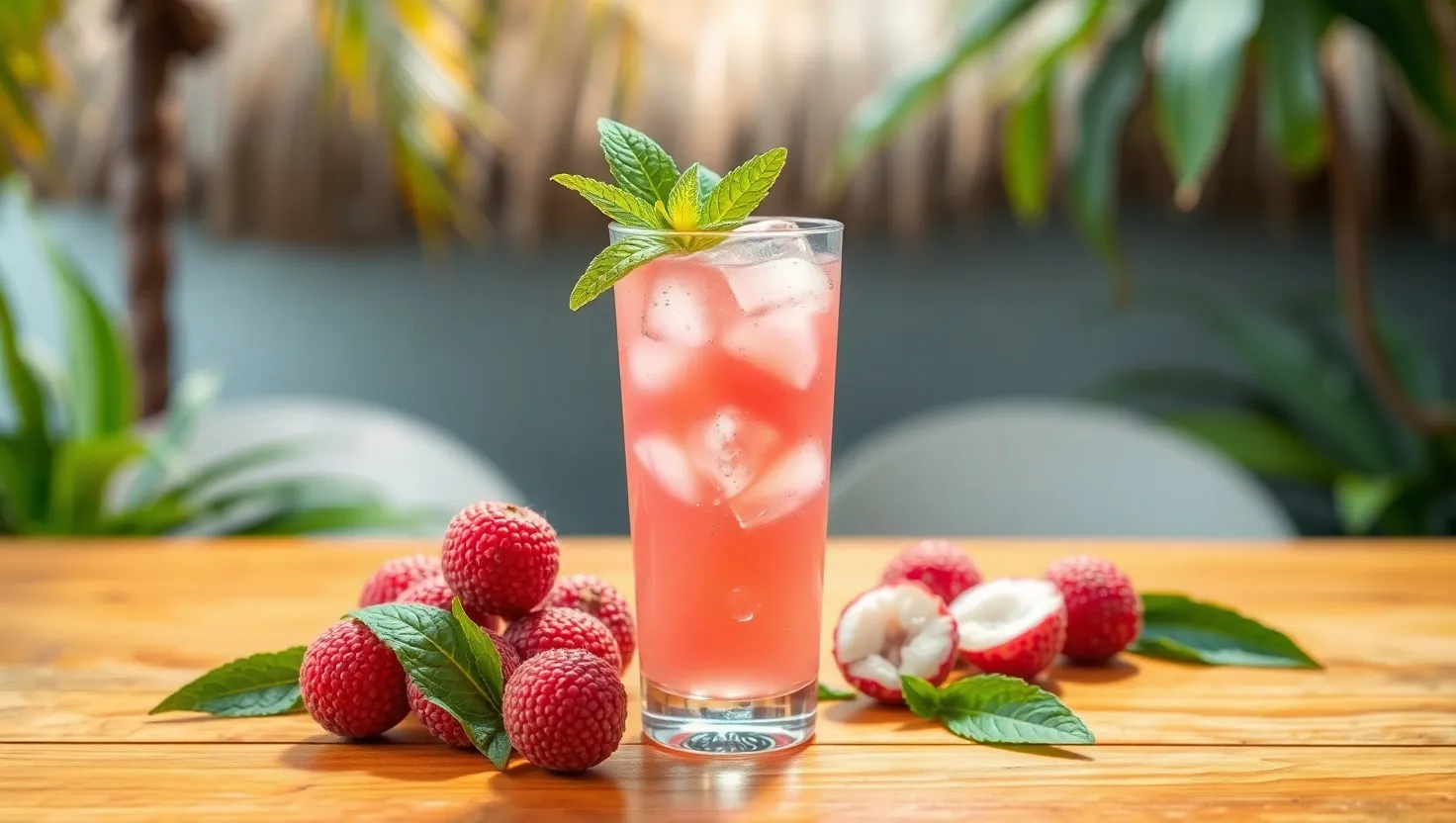 A chilled glass of lychee juice with ice and fresh lychee garnish