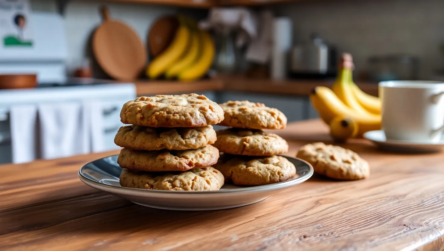 Freshly baked banana bread cookies on a wooden counter
