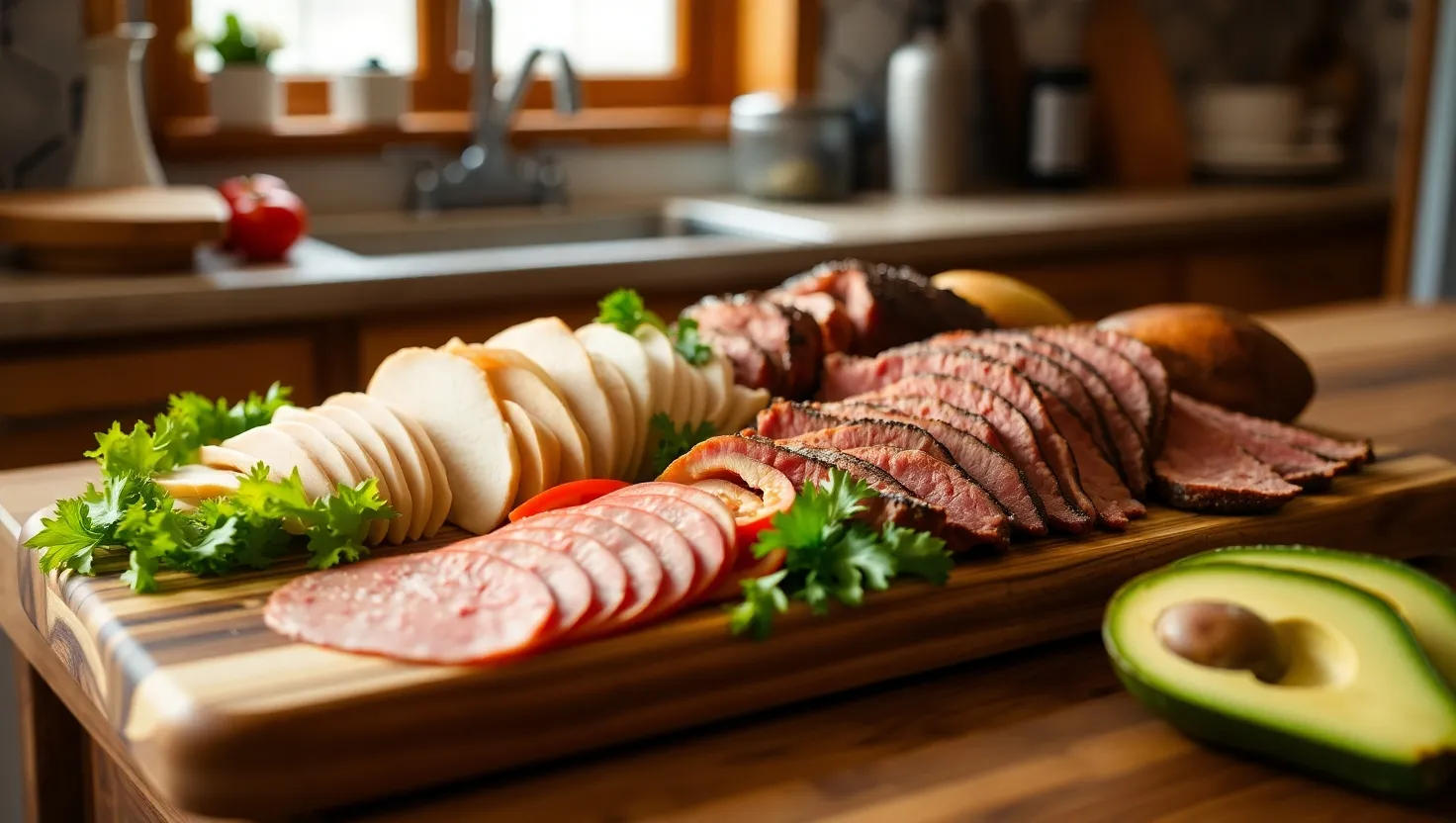 Healthy deli meat selection with fresh vegetables