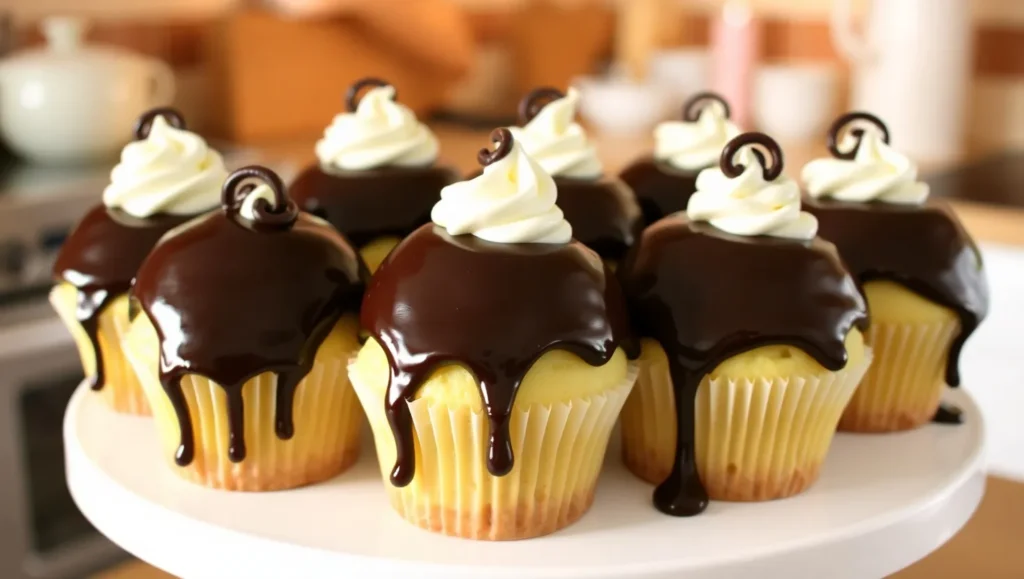 Boston Cream Pie Cupcakes topped with chocolate ganache