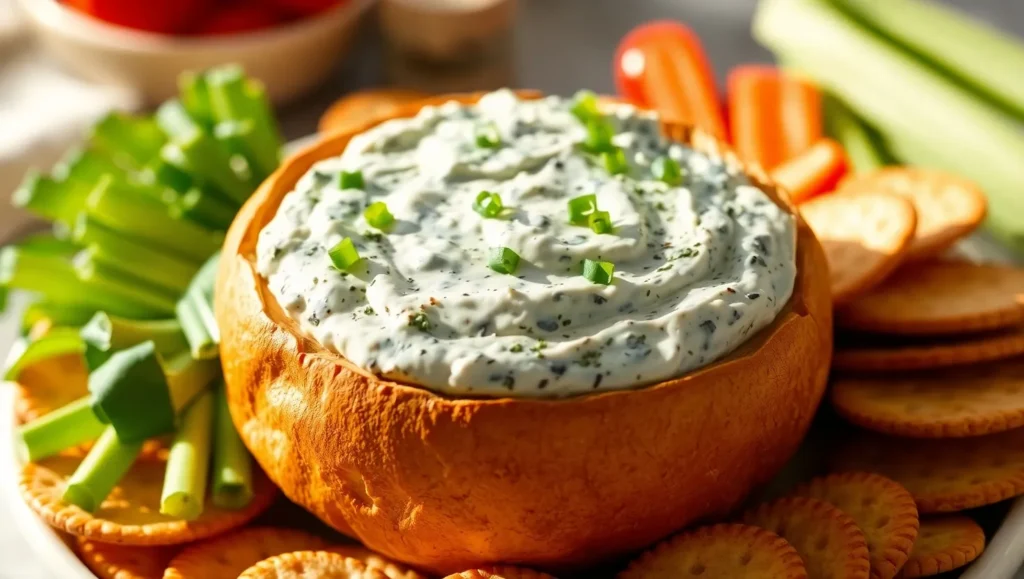 Knorr’s Spinach Dip served in a bread bowl with crackers. Knorrs Spinach Dip Recipe