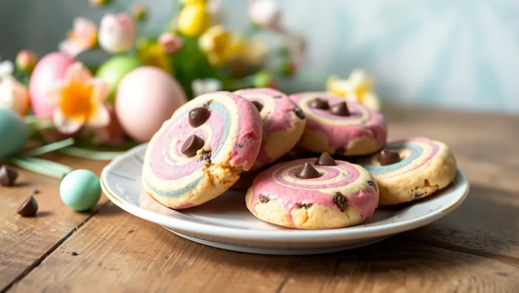 Festive Easter chocolate chip cookies with pastel swirls. Easter chocolate chip cookies
