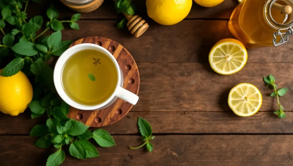 Freshly brewed lemon balm tea with lemon slices on a rustic table. lemon balm recipe for weight loss