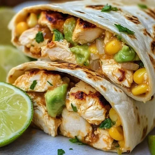 Delicious Chicken Avocado Burritos with ranch dressing and lime wedges served on a plate