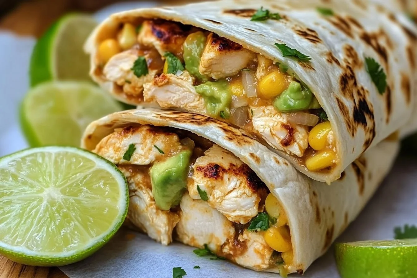 Delicious Chicken Avocado Ranch Burritos with ranch dressing and lime wedges served on a plate
