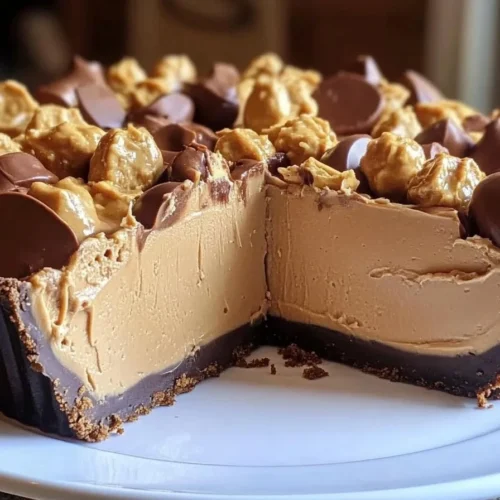 Giant Reese's Peanut Butter Pie served on a platter with chocolate drizzle.