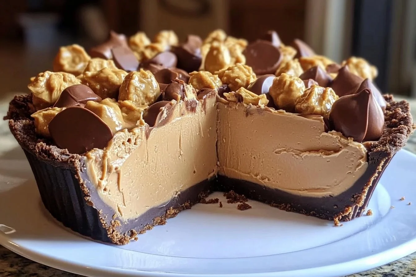 Giant Reese's Peanut Butter Pie served on a platter with chocolate drizzle.