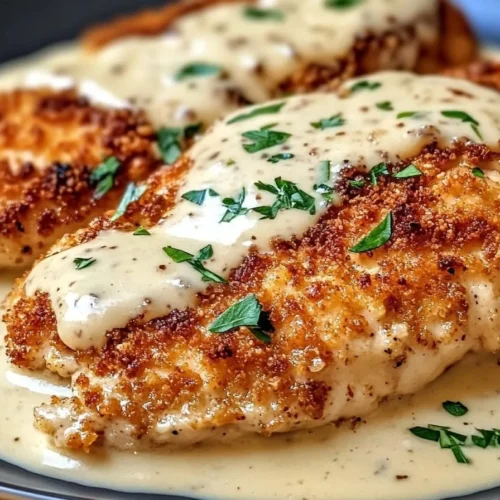 Parmesan Crusted Chicken topped with creamy garlic sauce served on a plate