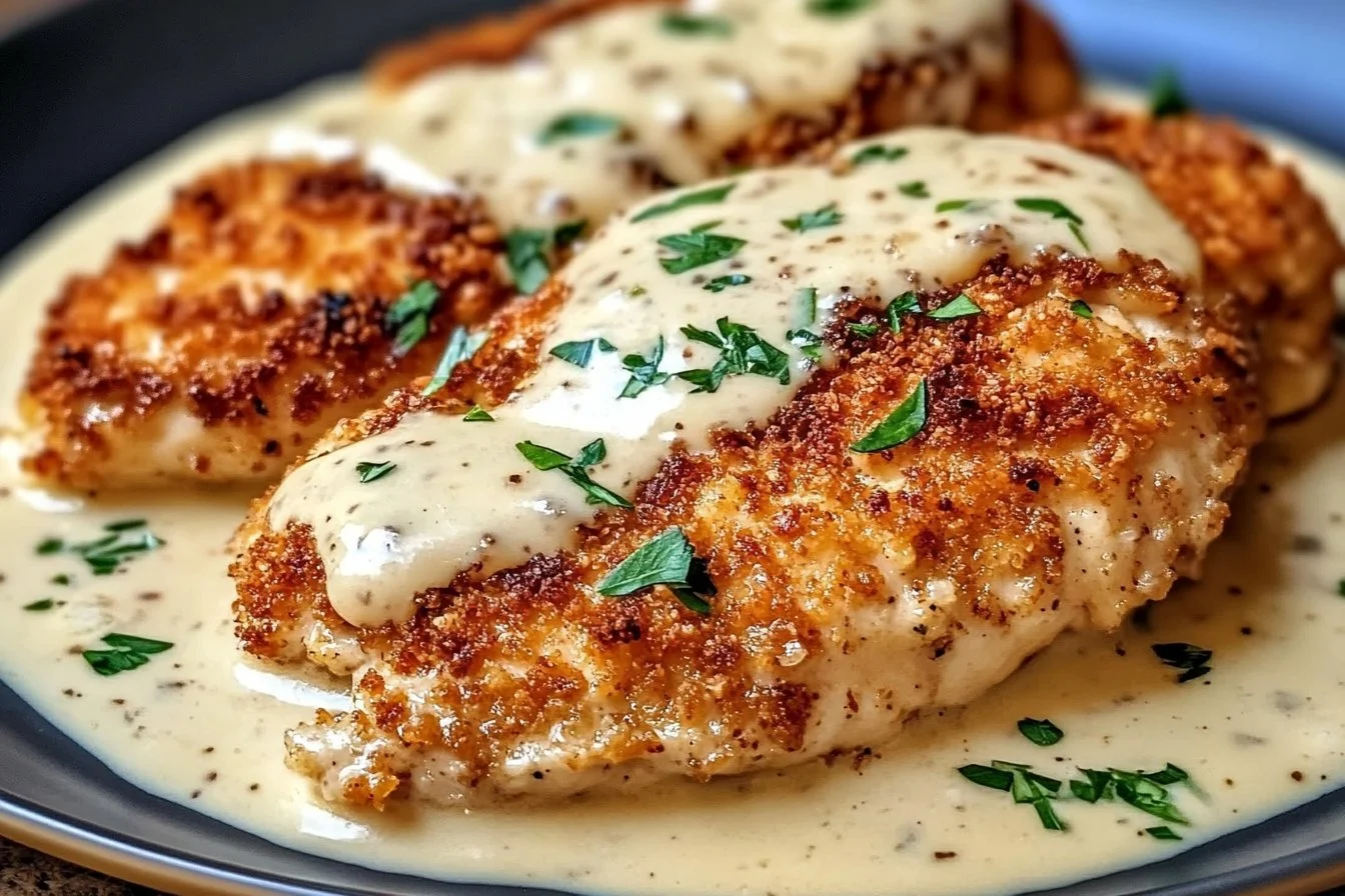 Parmesan Crusted Chicken topped with creamy garlic sauce served on a plate