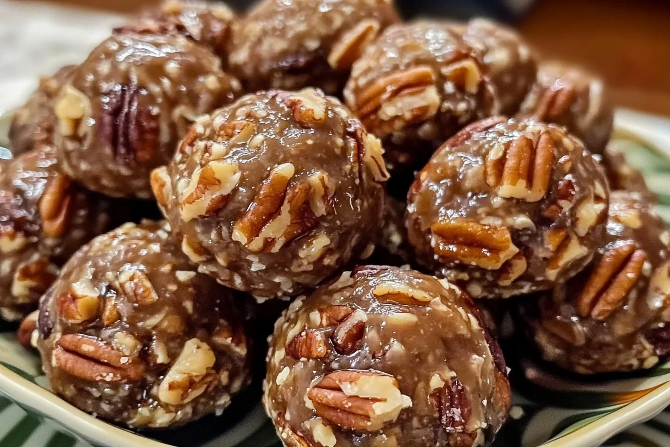 Delicious homemade pecan pie balls coated in chocolate and nuts.