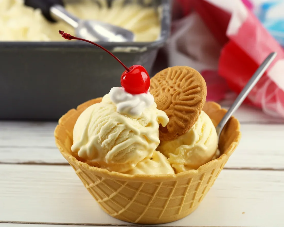 Delicious homemade potato ice cream shaped like a baked potato topped with cream and cocoa.