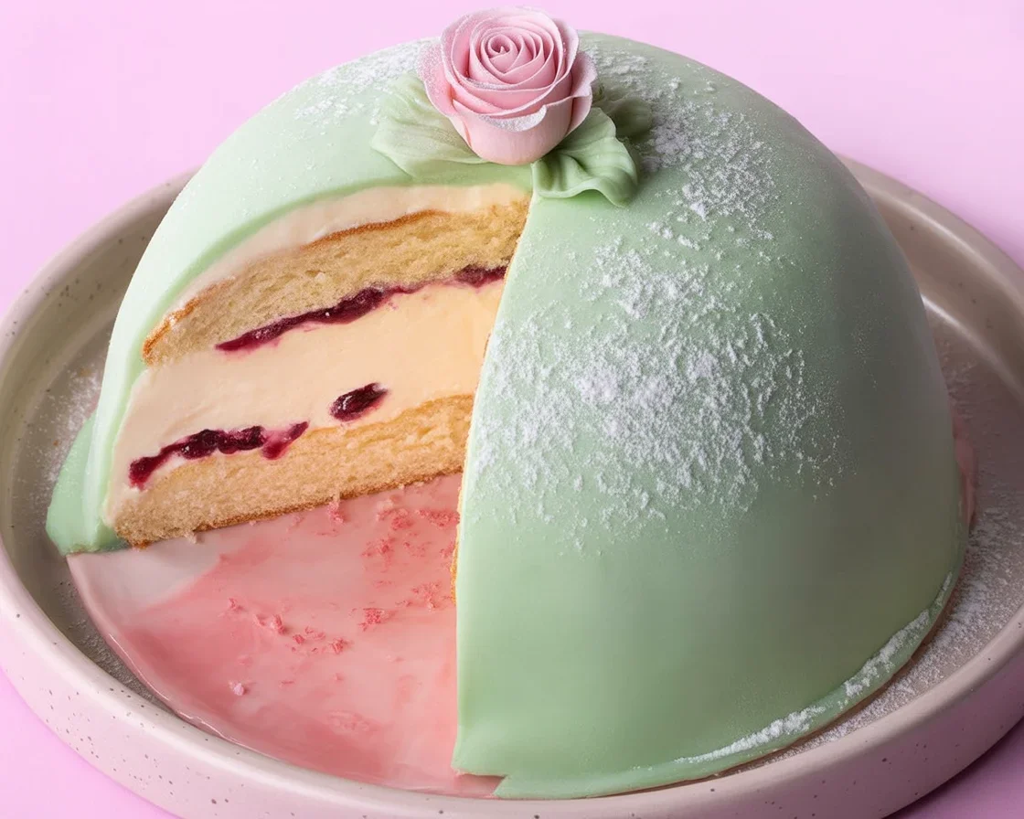 Beautifully layered Swedish princess cake with marzipan topping and raspberry filling.