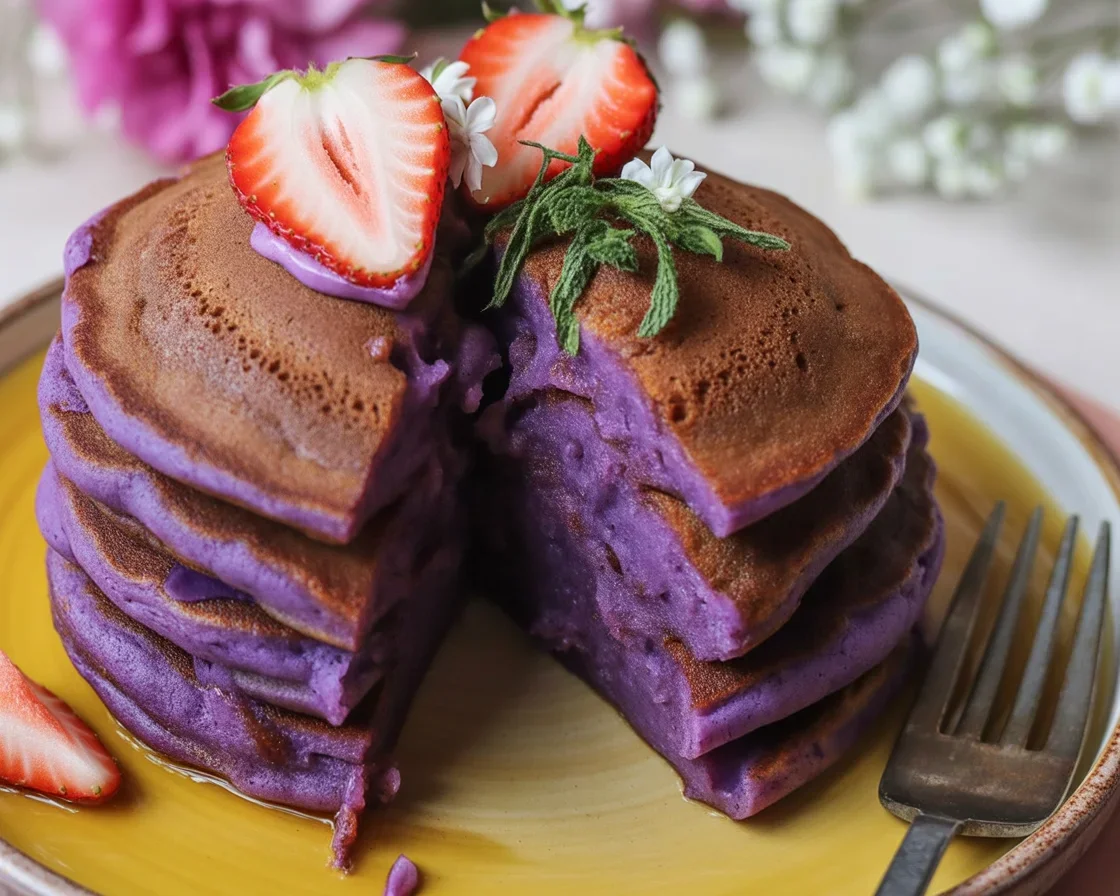 Delicious Ube Mochi Pancakes in a fluffy stack, showcasing their vibrant purple color.