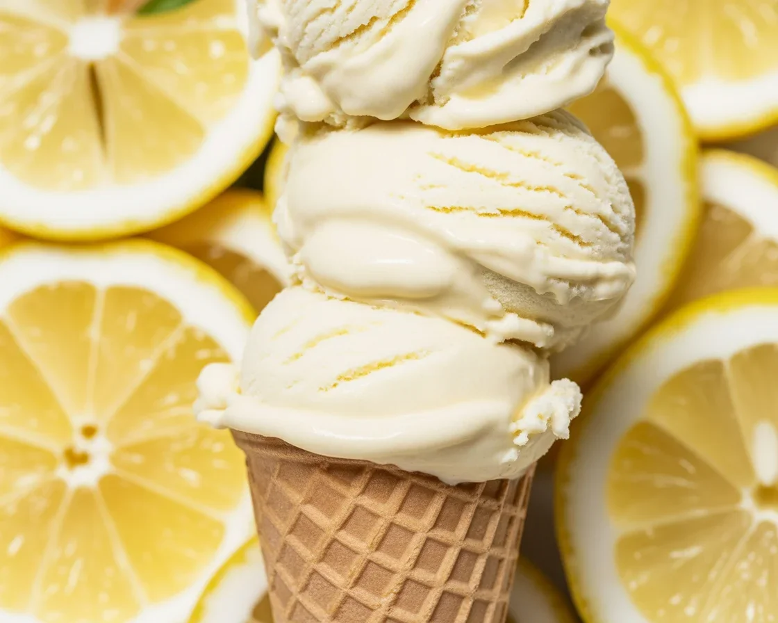 Delicious 3-ingredient lemon coconut sorbet in a bowl, garnished with lemon slices.