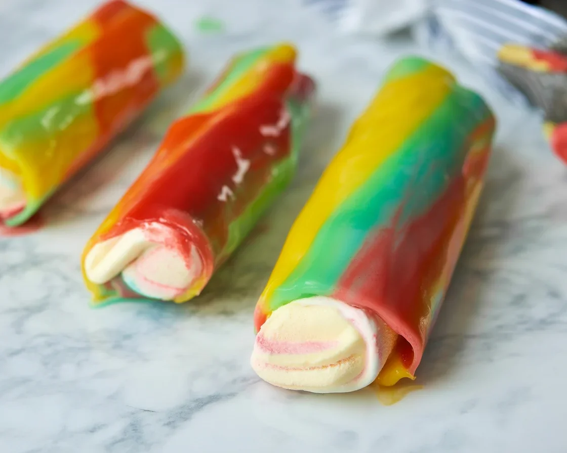 Ice cream wrapped in colorful Fruit Roll-Ups for a crunchy, viral snack.