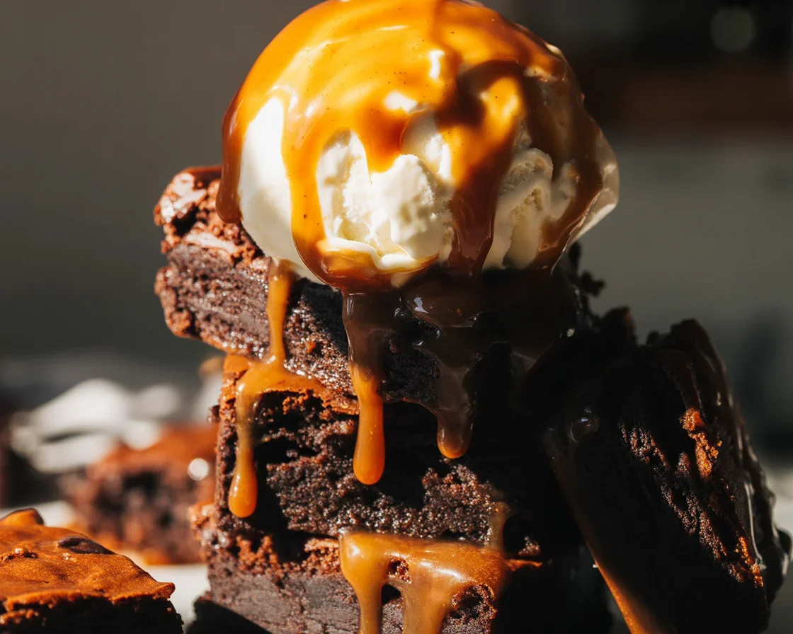 Fudgy Miso Caramel Brownies drizzled with rich miso caramel sauce.