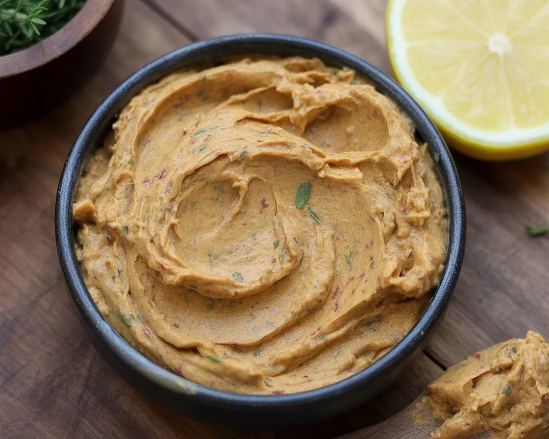 A bowl of cowboy butter compound butter with herbs and spices for dipping and cooking.