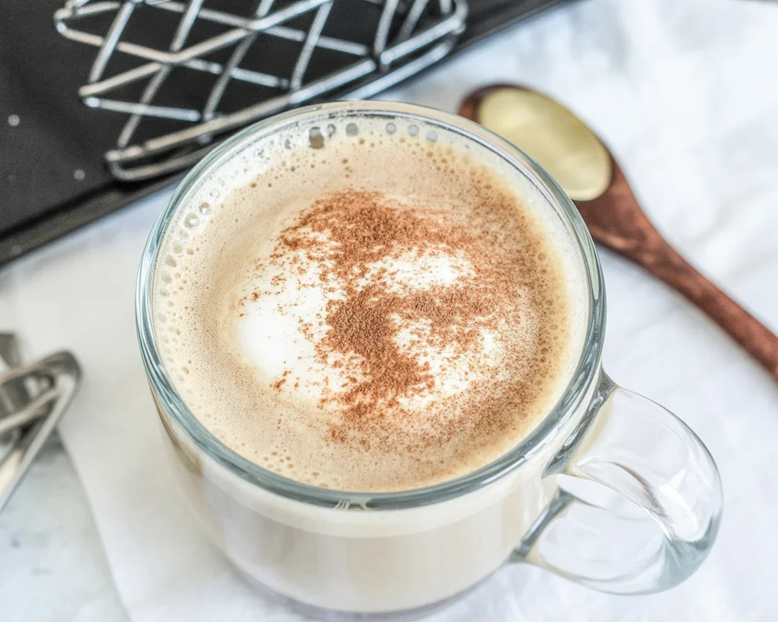 A creamy tahini coffee recipe made with brewed coffee, tahini, and maple syrup.