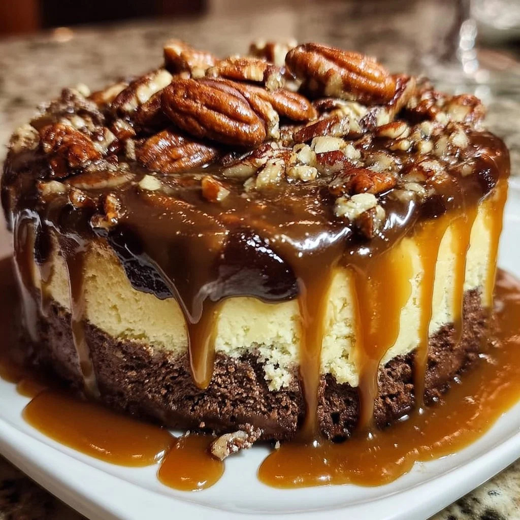 Delicious Caramel Pecan Chocolate Cheesecake with chocolate drizzle and pecans