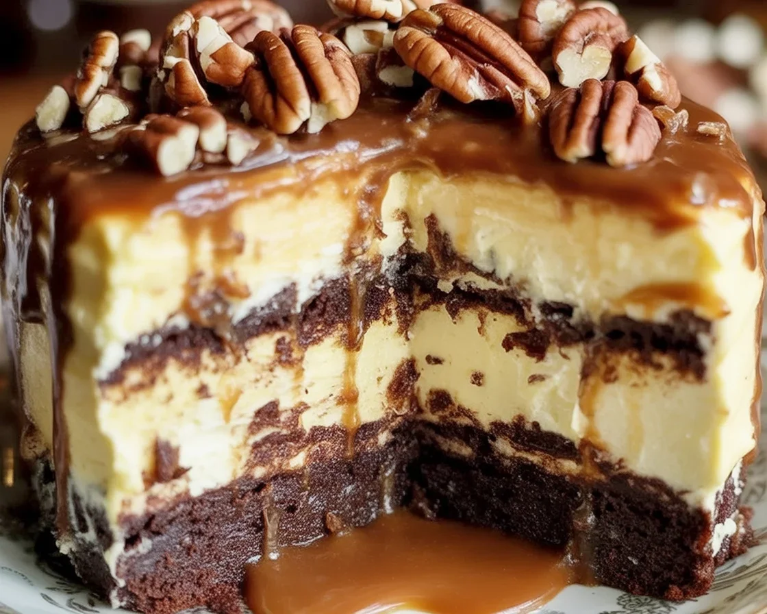 Decadent Caramel Pecan Chocolate Cheesecake topped with caramel sauce and pecans.
