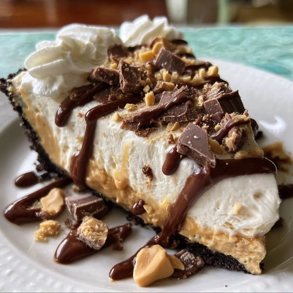 Delicious frozen peanut butter pie served on a plate, topped with chocolate drizzle.