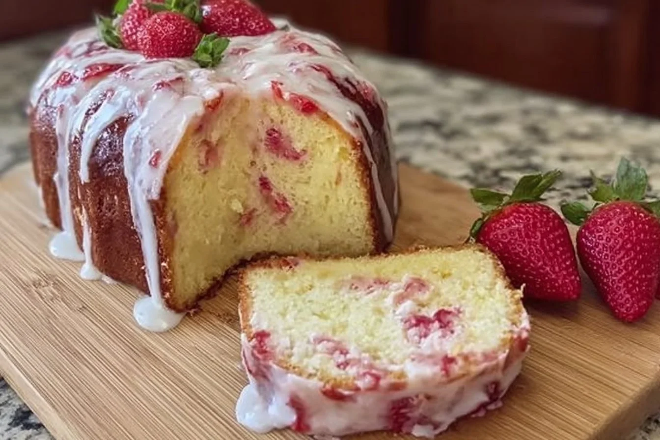 Homemade strawberry cream cheese pound cake slice on a plate