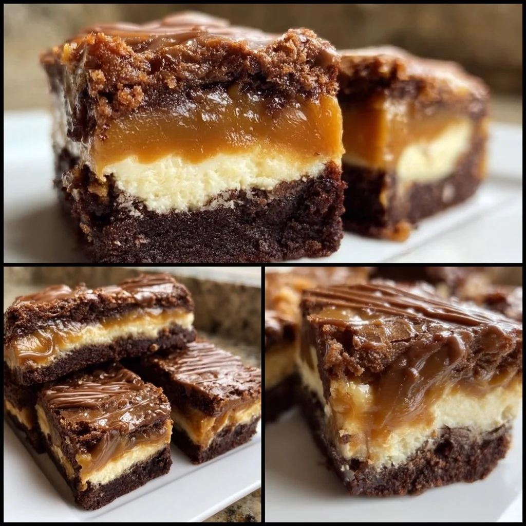 Milky Way caramel cheesecake brownies topped with chocolate and caramel drizzle