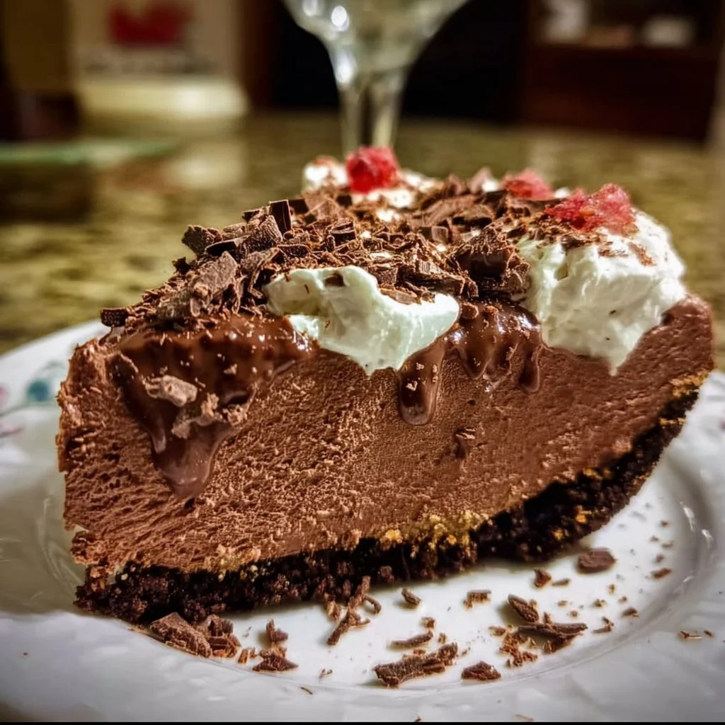 Delicious No Bake Frozen Chocolate Pie topped with whipped cream and chocolate shavings