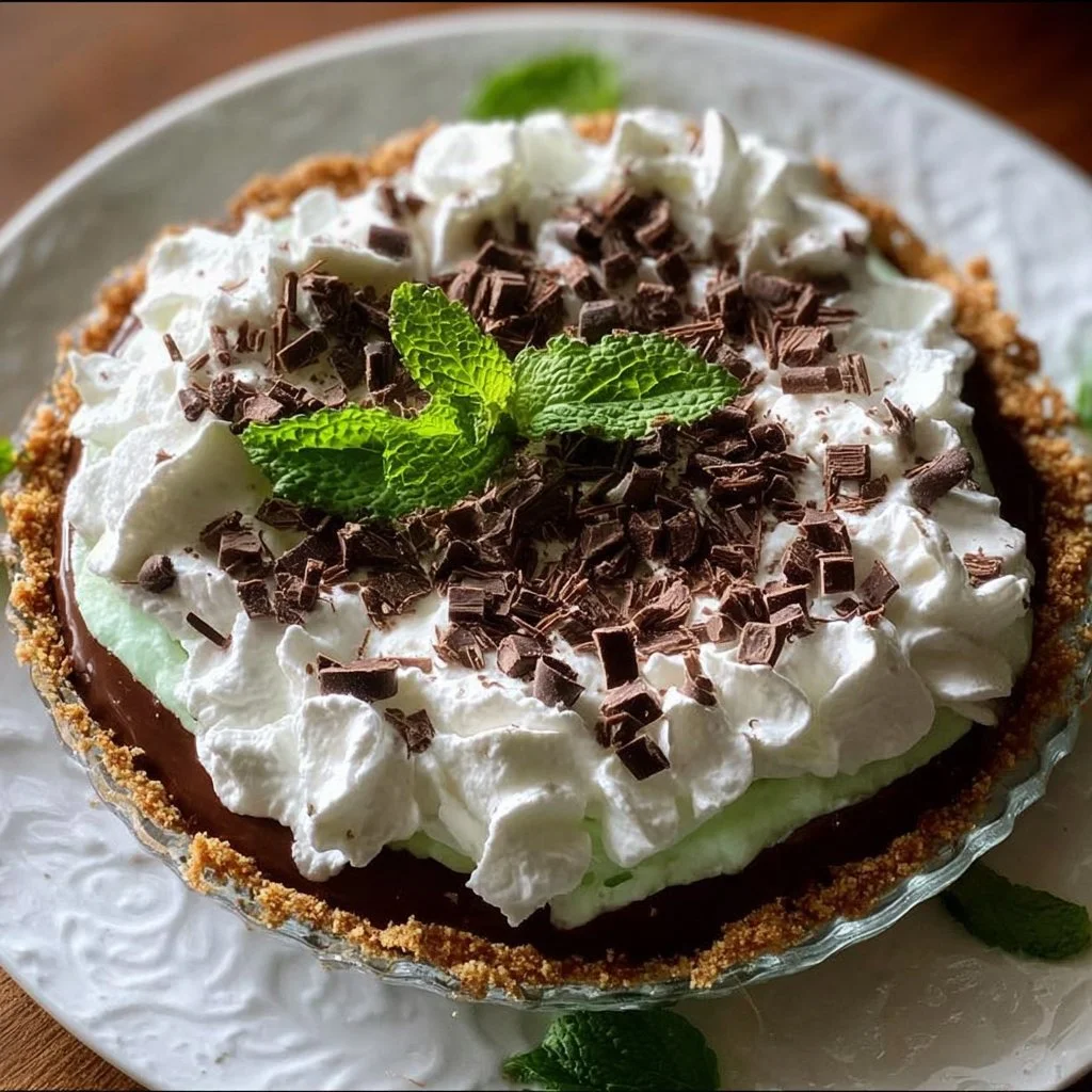 No Bake Mint Chocolate Chip Pie with fresh mint and chocolate chips
