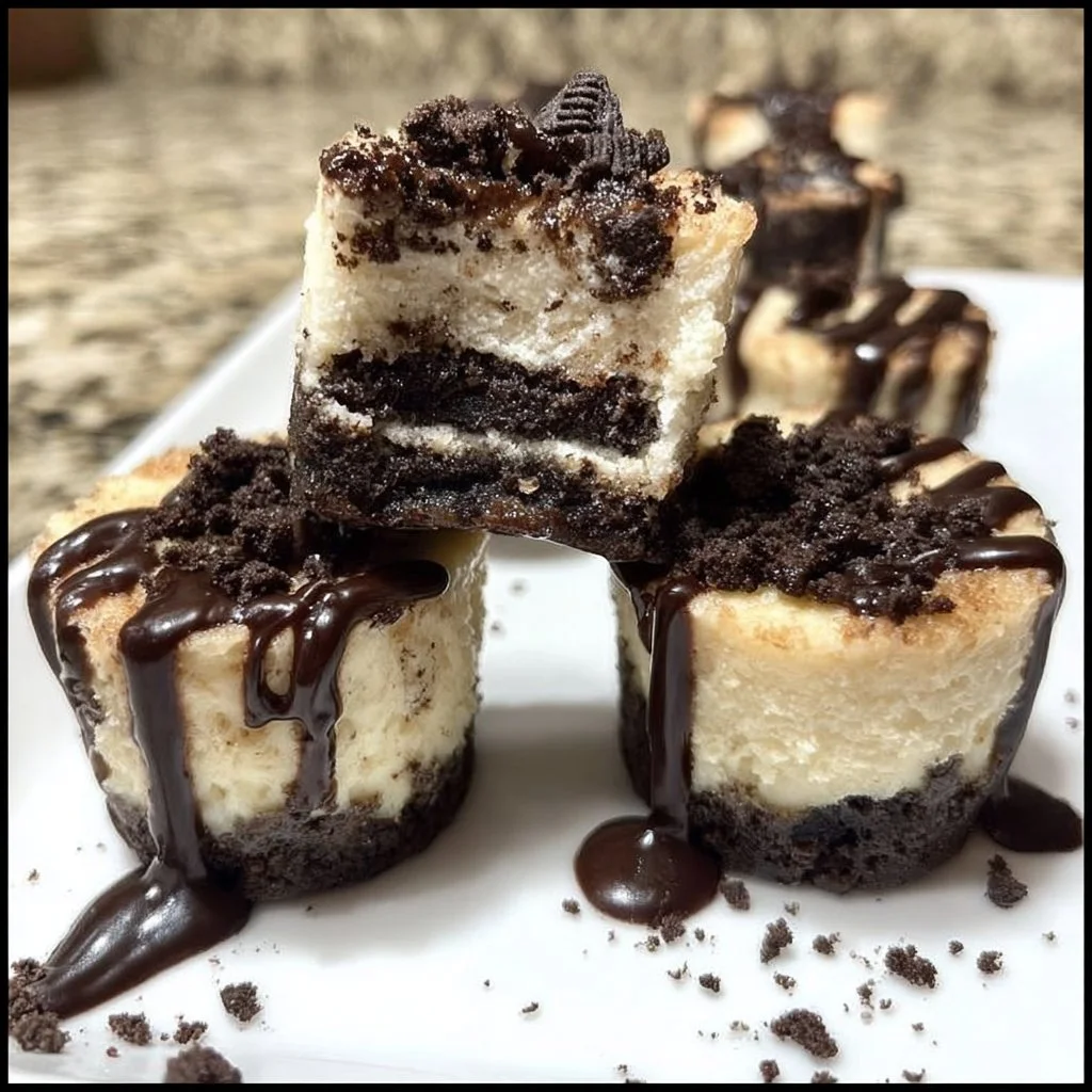 Delicious Oreo cheesecake bites topped with crumbled Oreo cookies.