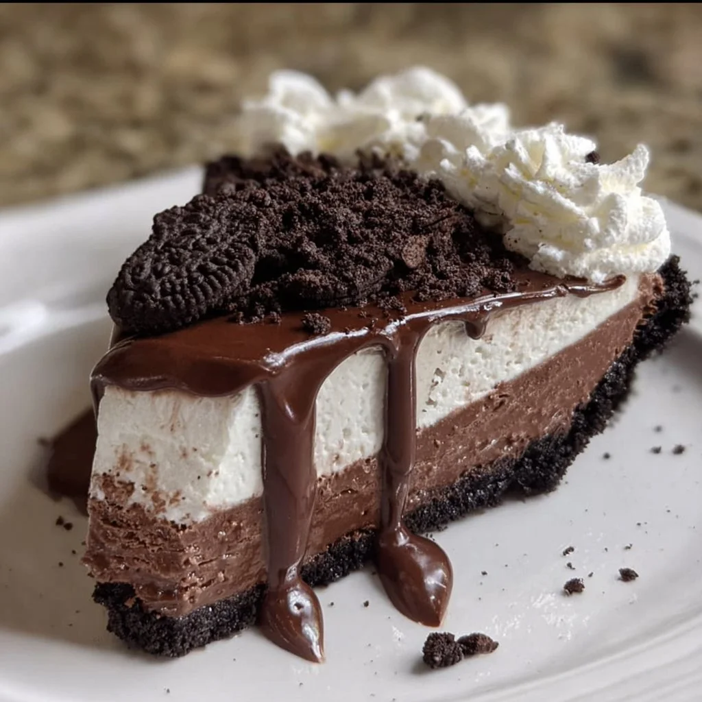 Delicious Oreo Mud Pie dessert with chocolate and cream layers