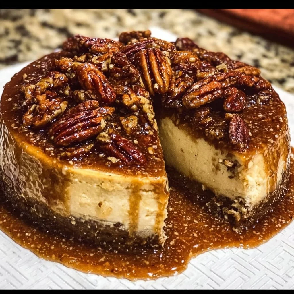 Delicious pecan pie cheesecake topped with caramel and pecans