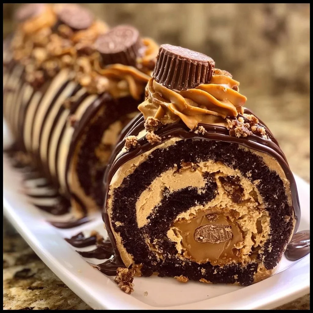 Delicious Reese's Peanut Butter Cup Roll Cake dipped in chocolate and filled with creamy peanut butter.