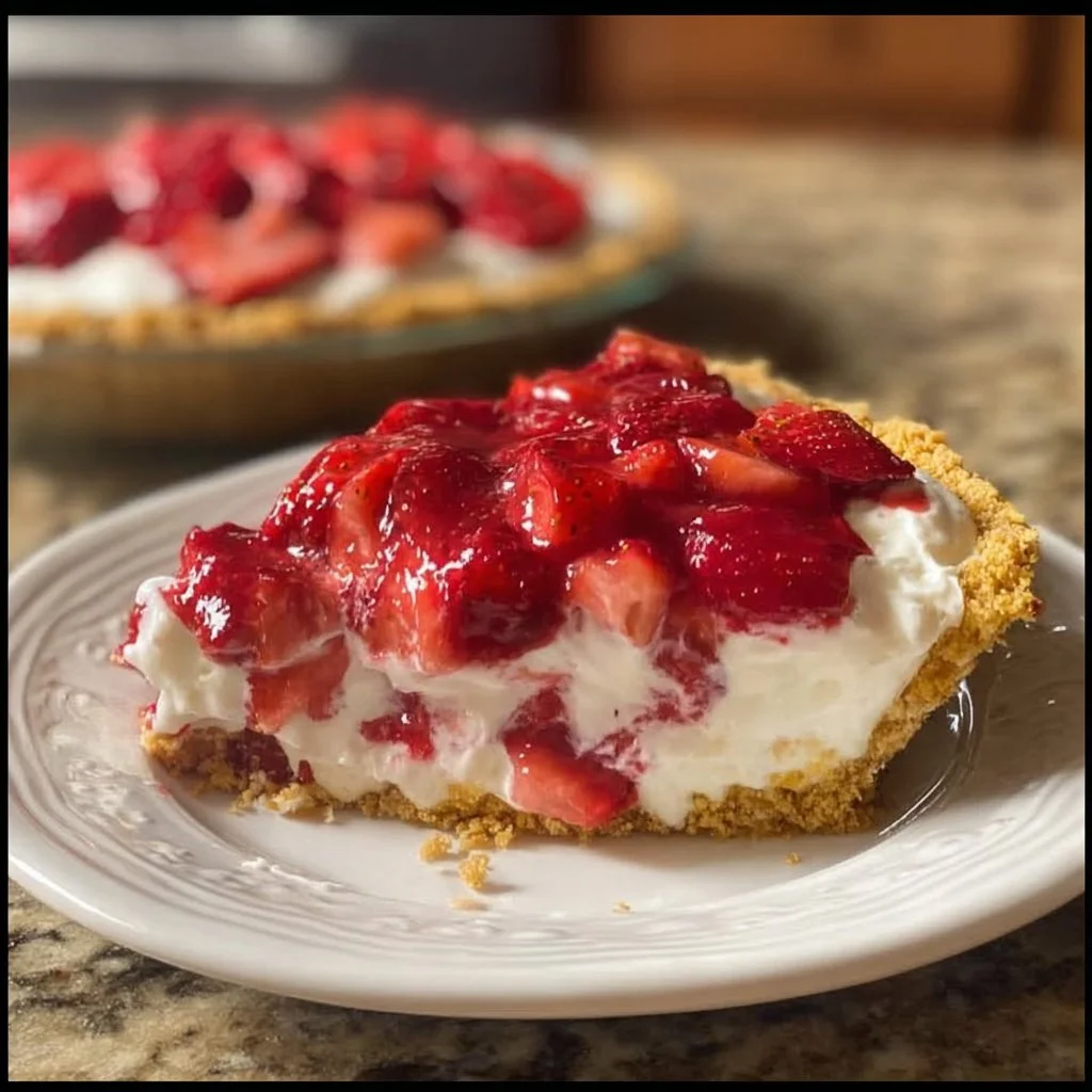 Slice of Strawberry Cream Cheese Pie topped with fresh strawberries