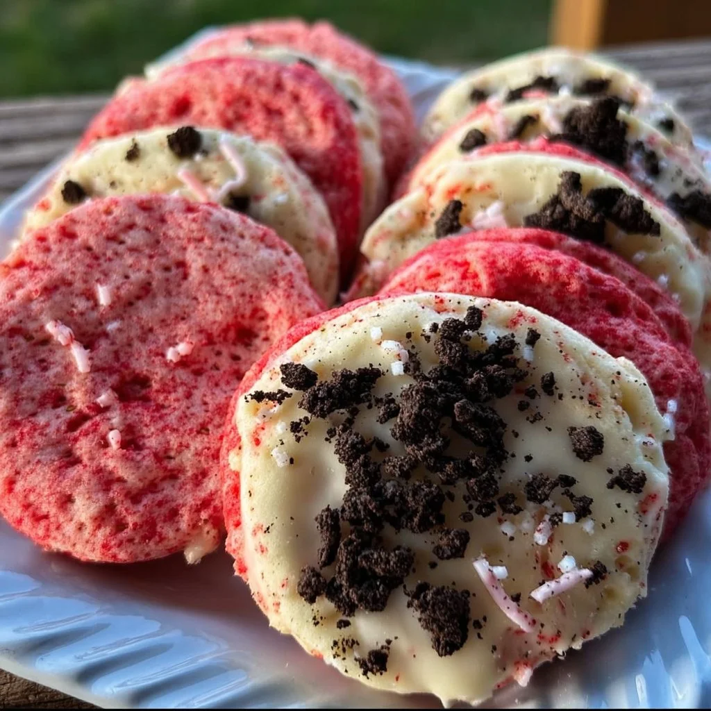 Delicious strawberry Oreo cookies with vibrant pink and black colors on a plate