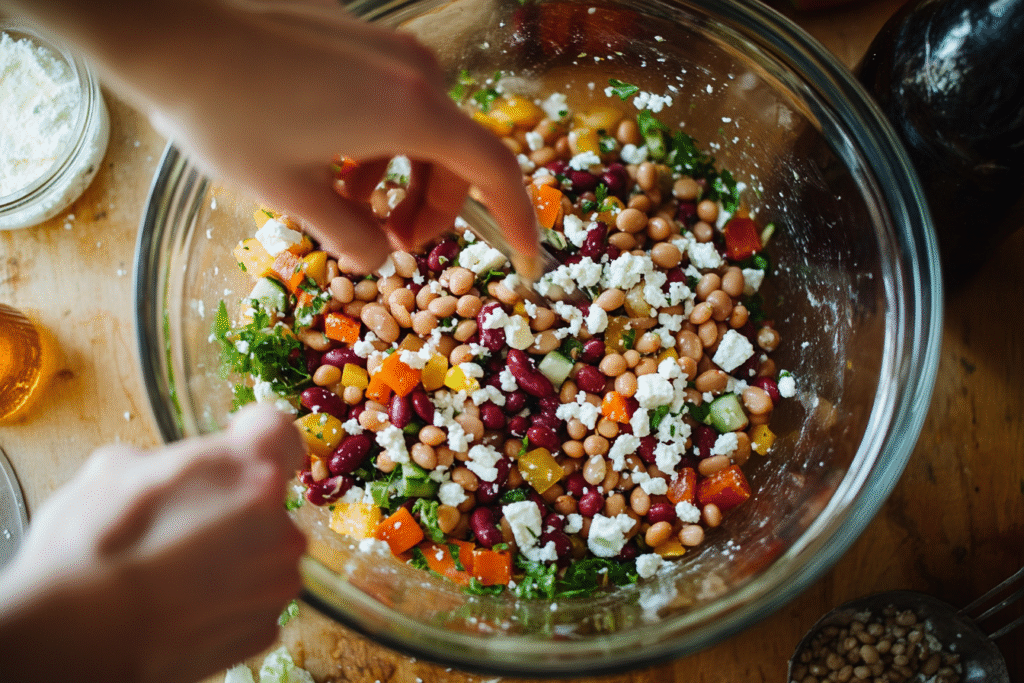Hands mixing dense bean salad in a bowl