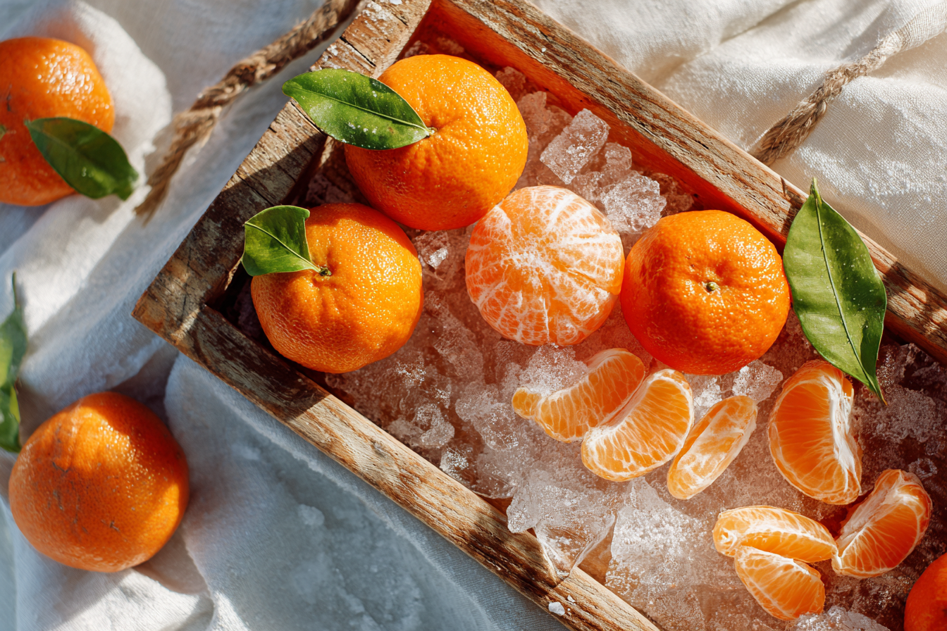 Frozen whole and peeled clementines on a tray Frozen Clementines Snack Tray